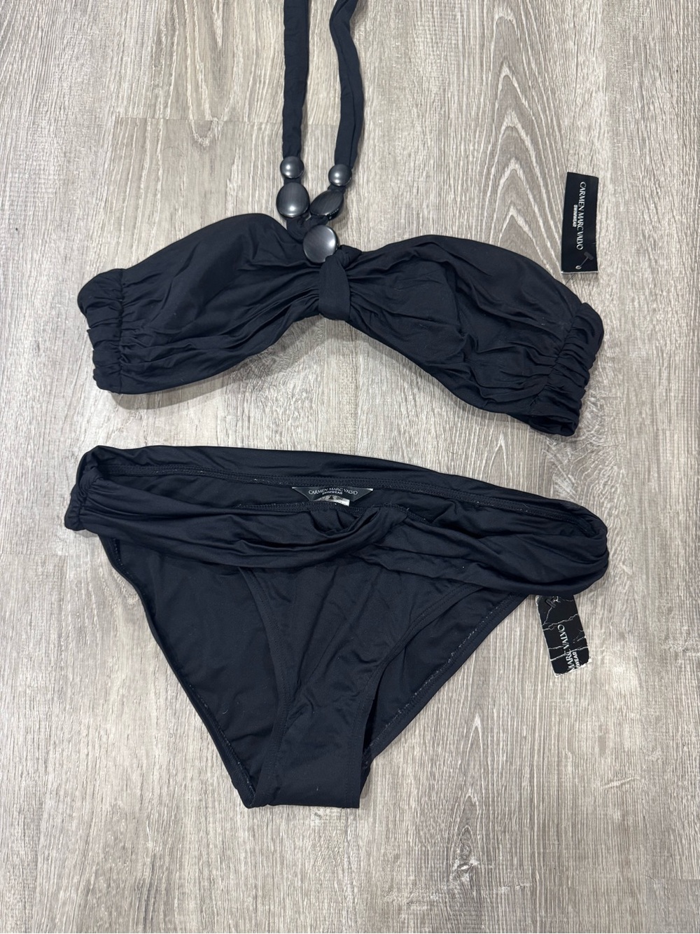 Carmen Marc Valvo Black Bandeau Bikini with Bead Halter